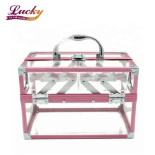 Pink Aluminum frame Acrylic clear Cosmetic Box carry Case Fashion Aluminum Makeup Case